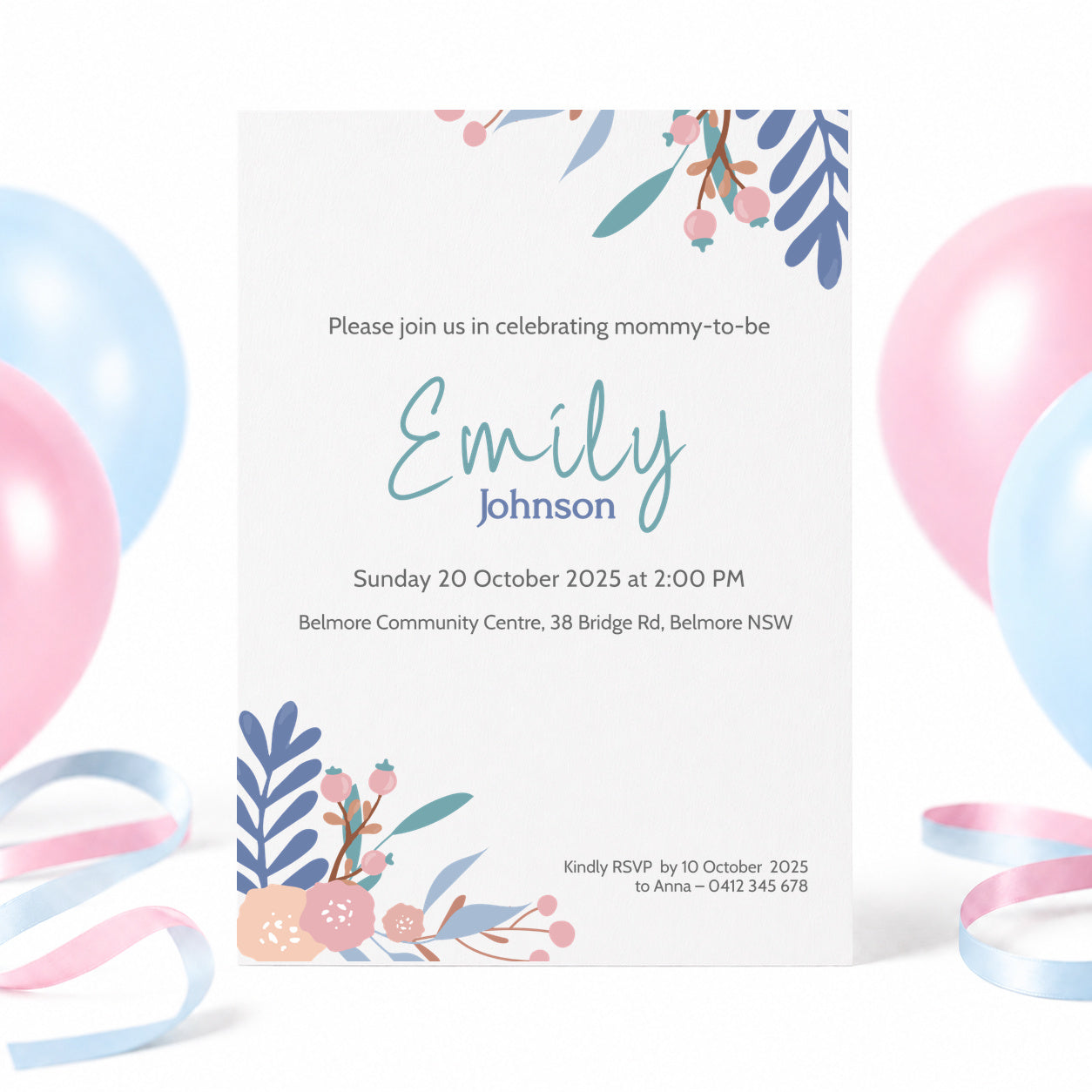 A customizable baby shower invitation card for a 'mommy-to-be' named Emily Johnson, decorated with blue and pink floral illustrations. The card is shown on a white background with pastel pink and blue balloons and ribbons in the background.