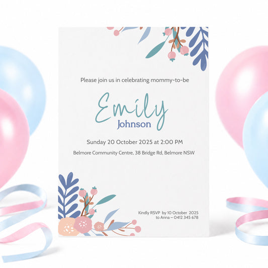 A customizable baby shower invitation card for a 'mommy-to-be' named Emily Johnson, decorated with blue and pink floral illustrations. The card is shown on a white background with pastel pink and blue balloons and ribbons in the background.