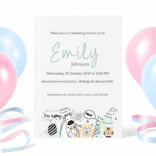 A baby shower invitation card for Emily Johnson, styled with pastel pink, blue, and white balloons and ribbon streamers in the background. The card features a white base with light green text and cute hand-drawn animal illustrations at the bottom.