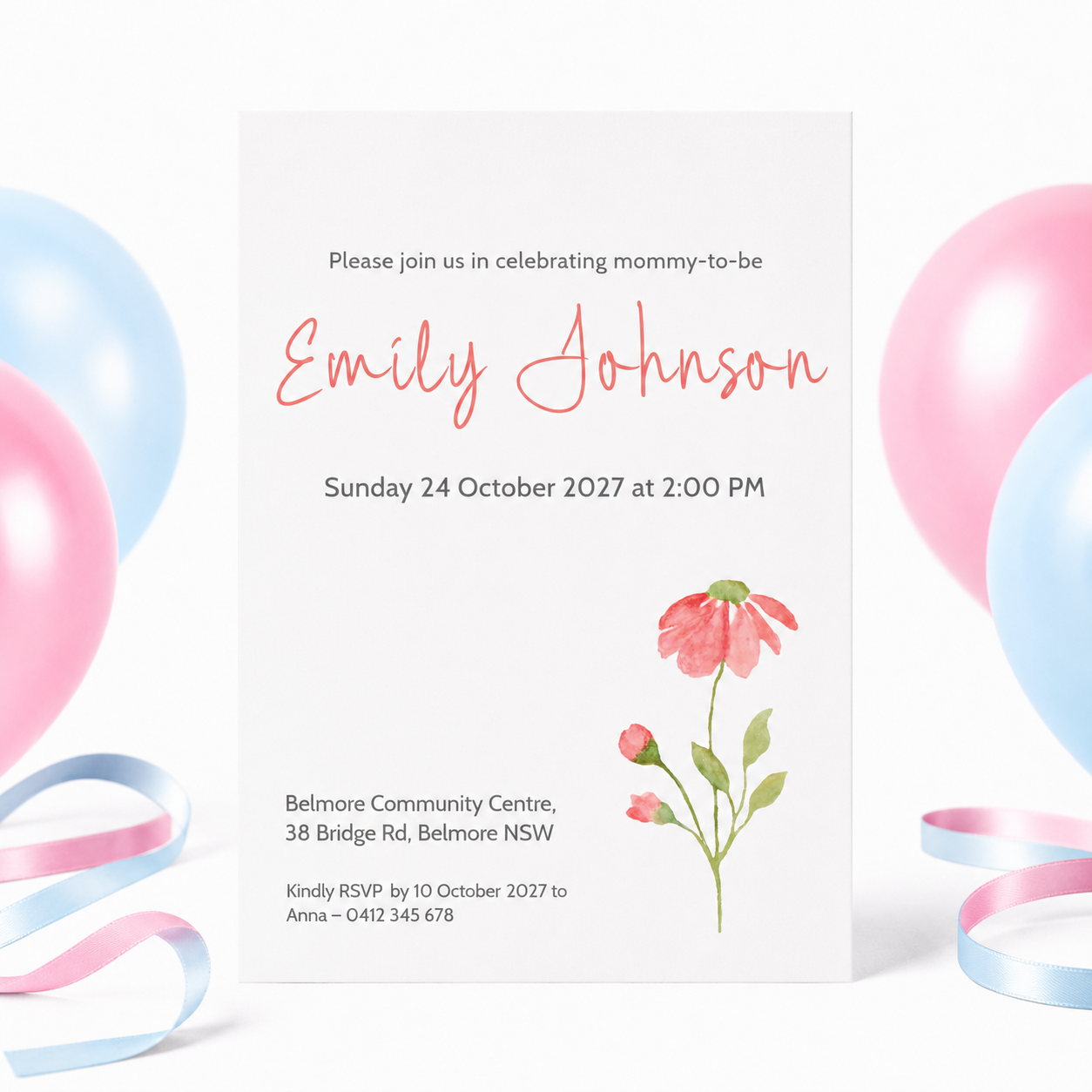 A baby shower invitation card for a 'mommy-to-be' named Emily Johnson, styled with pastel pink, blue, and white balloons and ribbons in the background.