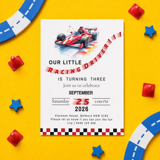 A racing-themed three-year birthday invitation card is displayed on a bright yellow background decorated with toy racetrack curves, traffic cones, and blue stars. The card features a watercolor illustration of a red race car and text reading 'OUR LITTLE RACING DRIVER IS TURNING THREE'.