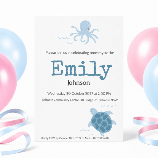 A baby shower invitation card for a 'mommy-to-be' named Emily, styled with pastel pink, blue, and white balloons and ribbons on a white background. The card features a light blue octopus and a blue-green sea turtle illustration.