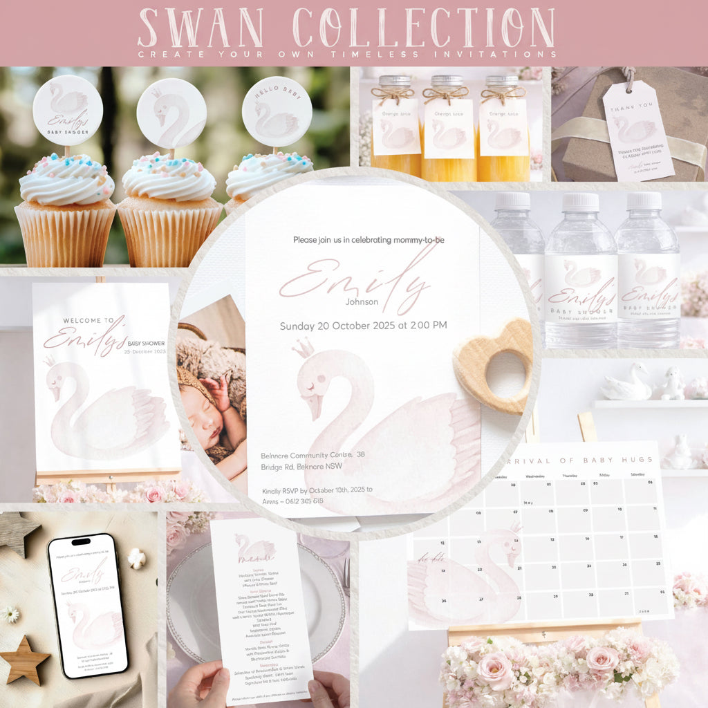Collage of baby shower invitations and related items with 'Swan Collection' branding.