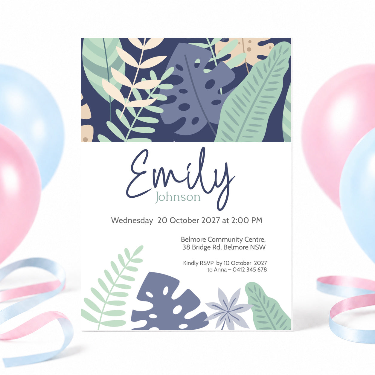 A tropical-themed birthday invitation card for 'Emily Johnson' with a navy blue top section featuring green and beige palm leaves, and a white lower section with blue and gray text, surrounded by pink and blue balloons and ribbons.