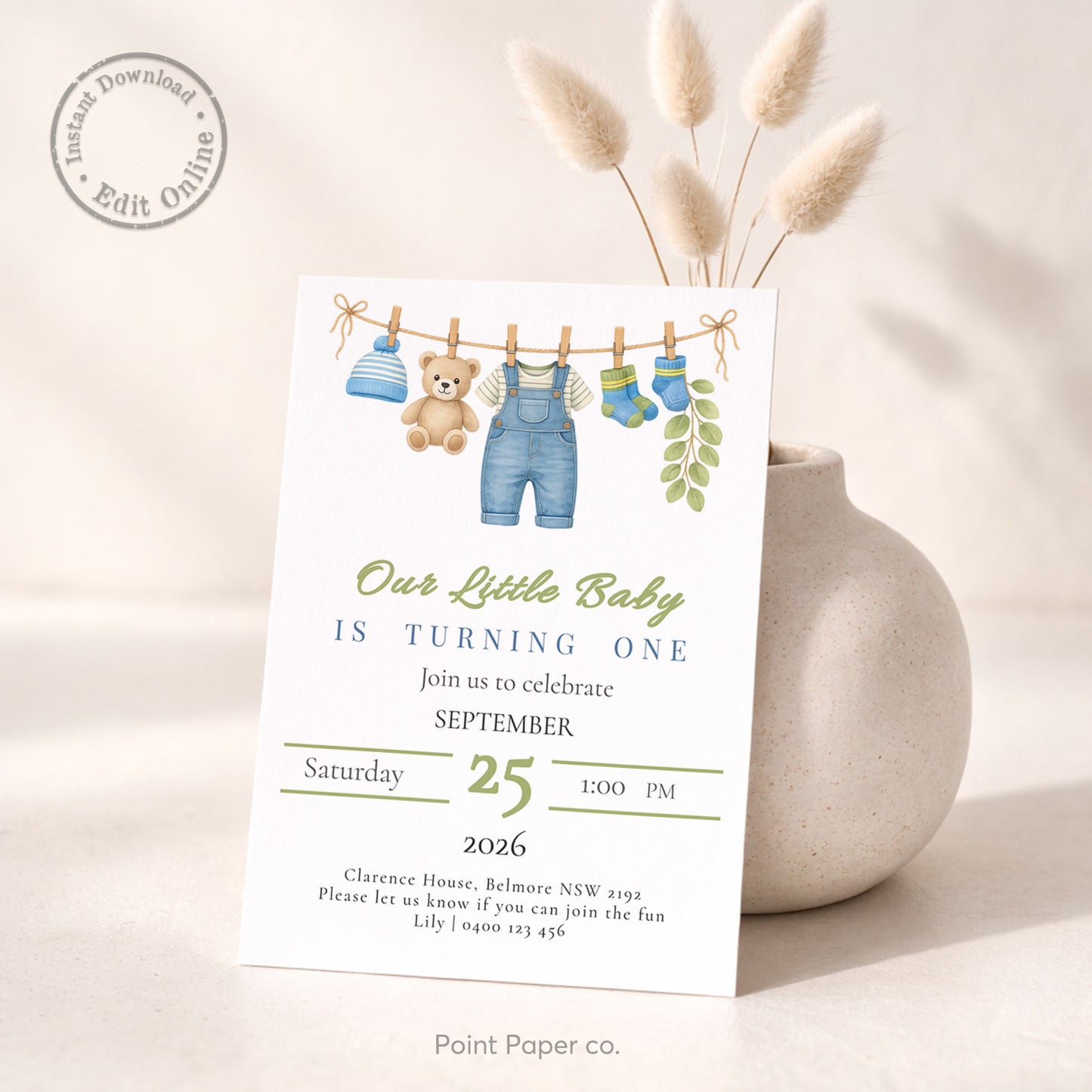 Baby Boy Clothesline Birthday Invitation | Edit Online