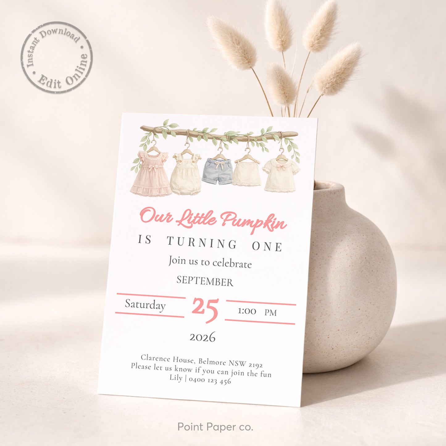 Baby Girl Clothesline Birthday Invitation | Edit Online