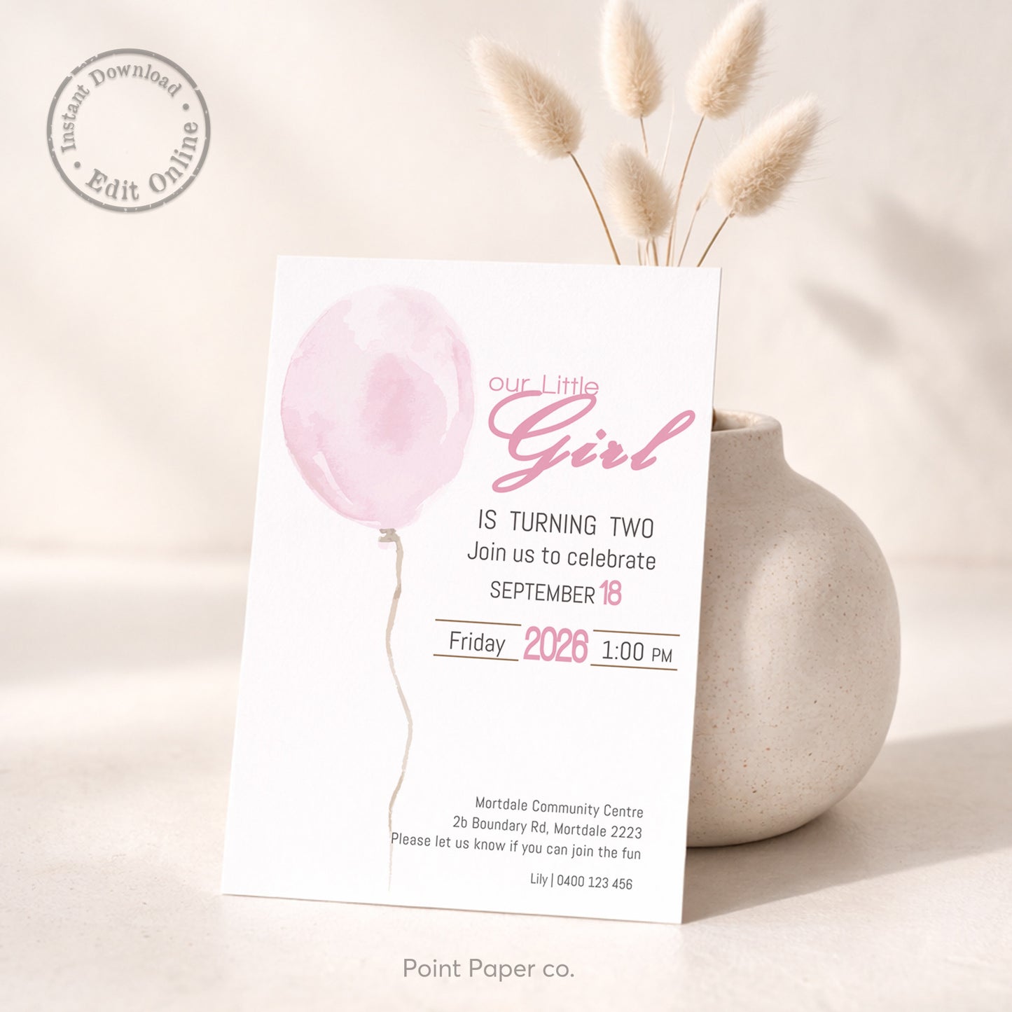 Pink Balloon Birthday Invitation | Edit Online