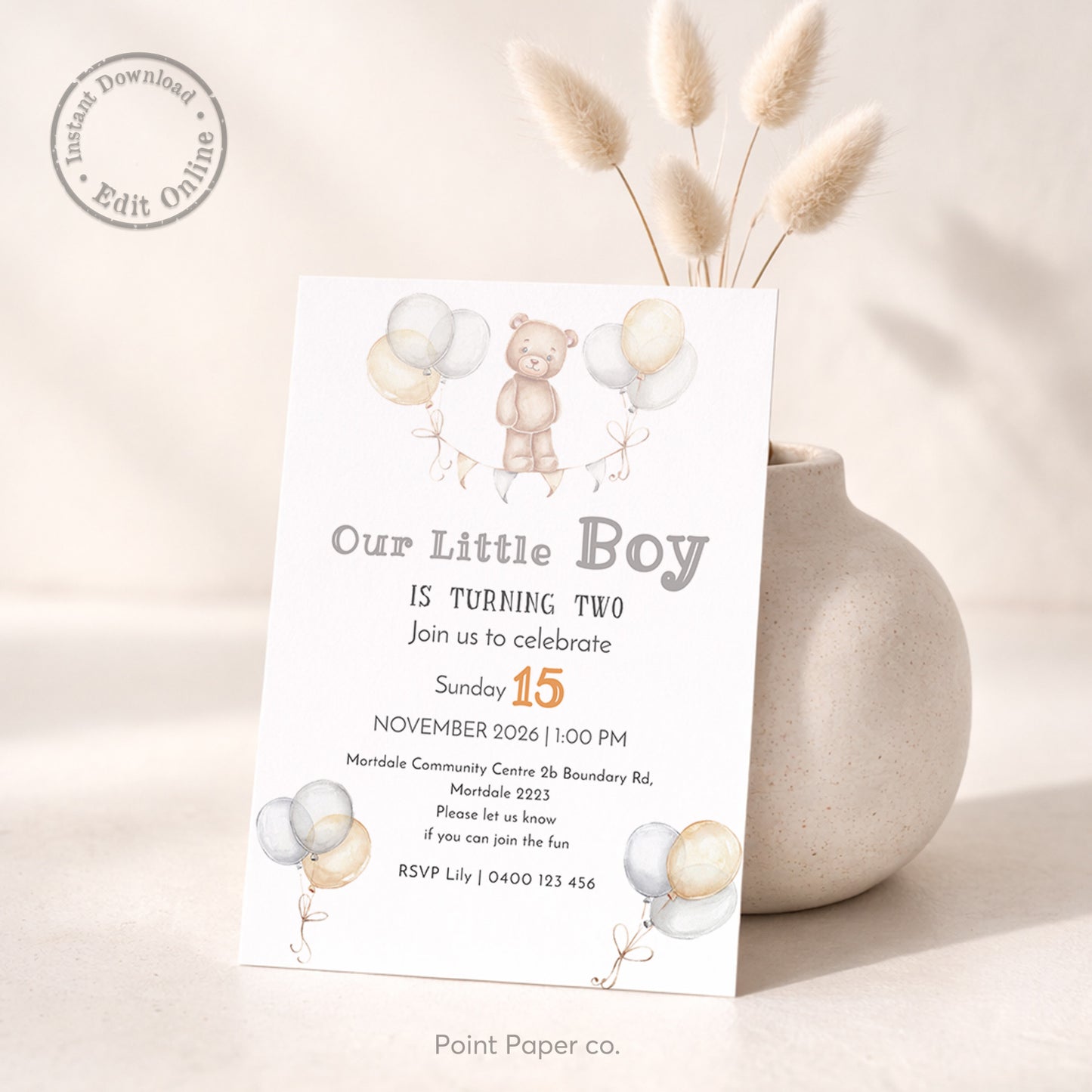 Teddy Balloons Birthday Invitation | Edit Online