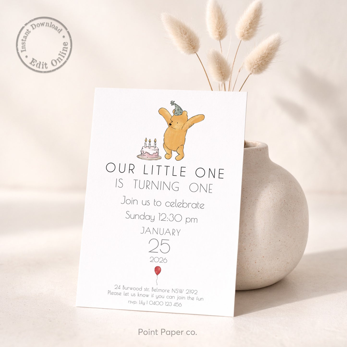 Bear First Birthday Invitation | Edit Online