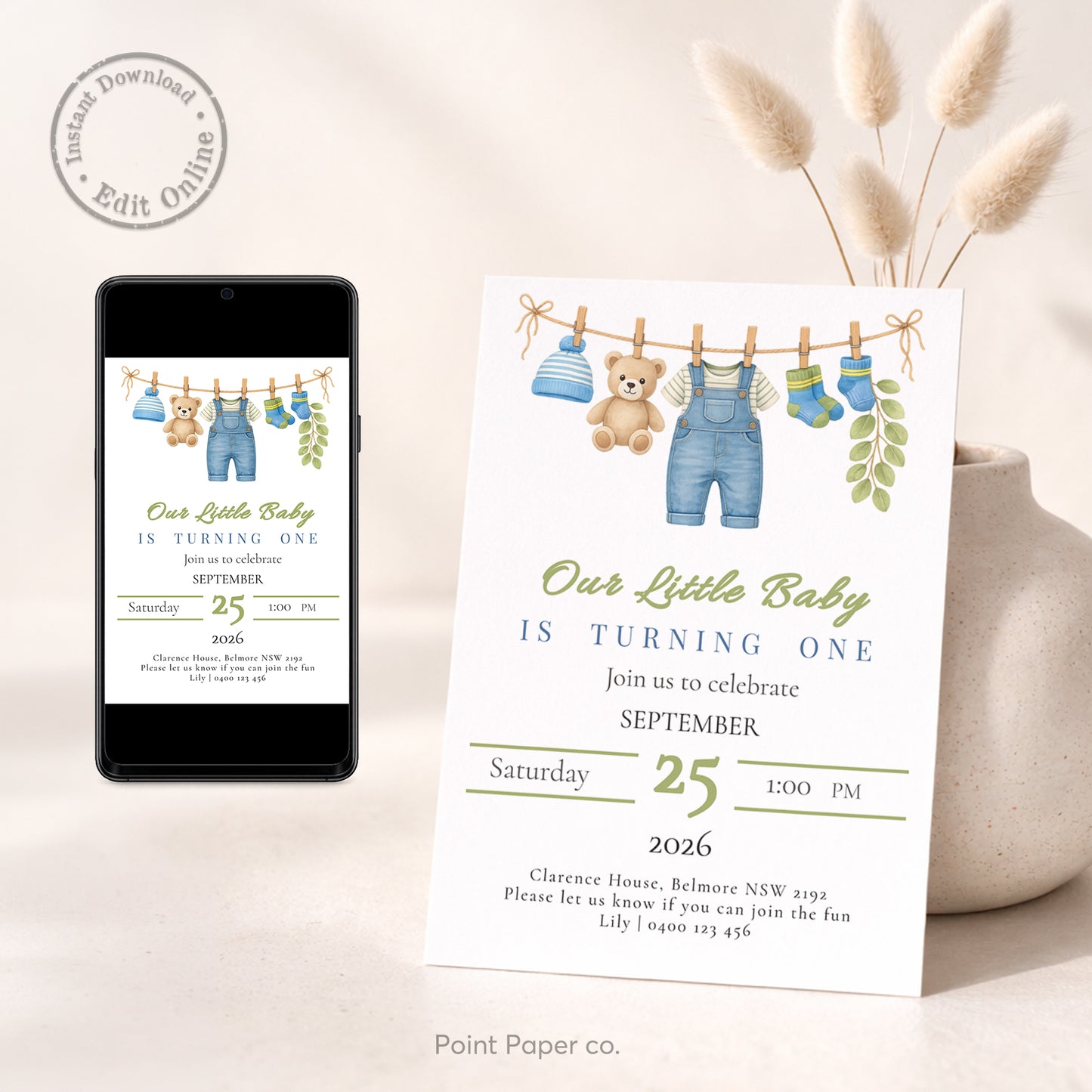 Baby Boy Clothesline Birthday Invitation | Edit Online
