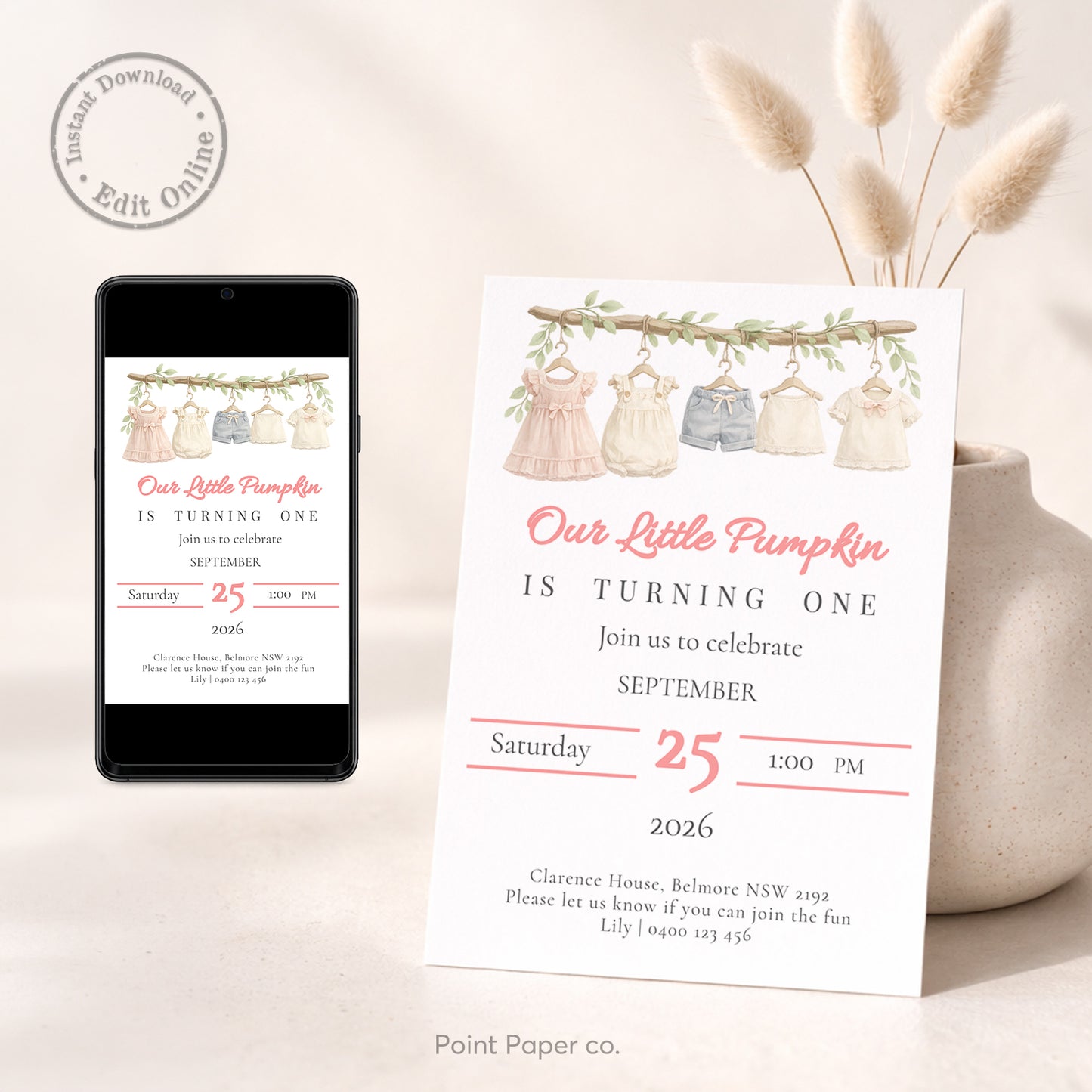 Baby Girl Clothesline Birthday Invitation | Edit Online