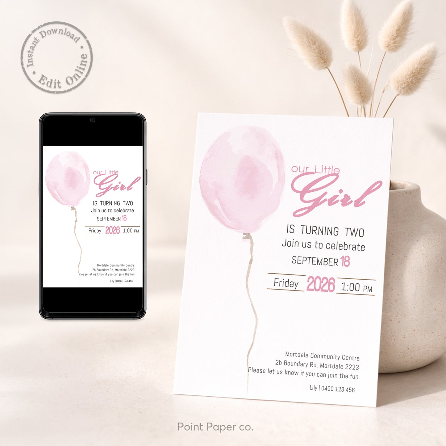 Pink Balloon Birthday Invitation | Edit Online
