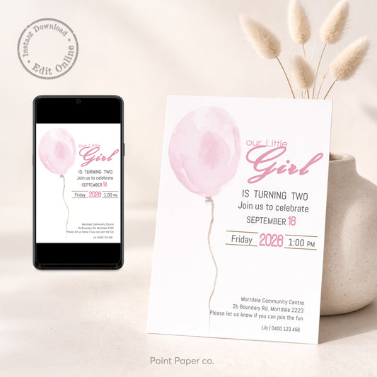 Pink Balloon Birthday Invitation | Edit Online