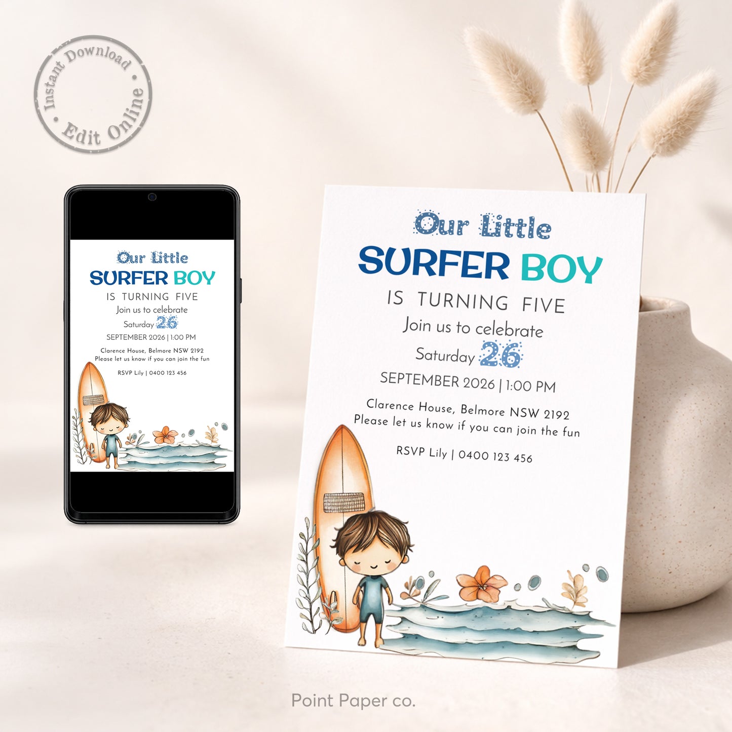 Surfer-themed birthday invitation card displayed next to a smartphone with the same design on a light background.