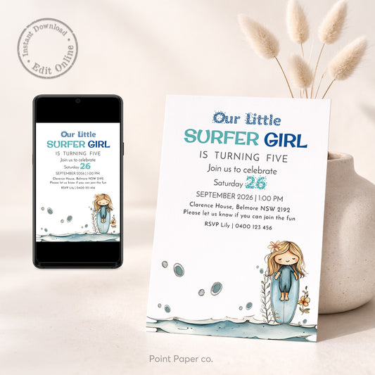 Surfer Girl Birthday Invitation | Edit Online