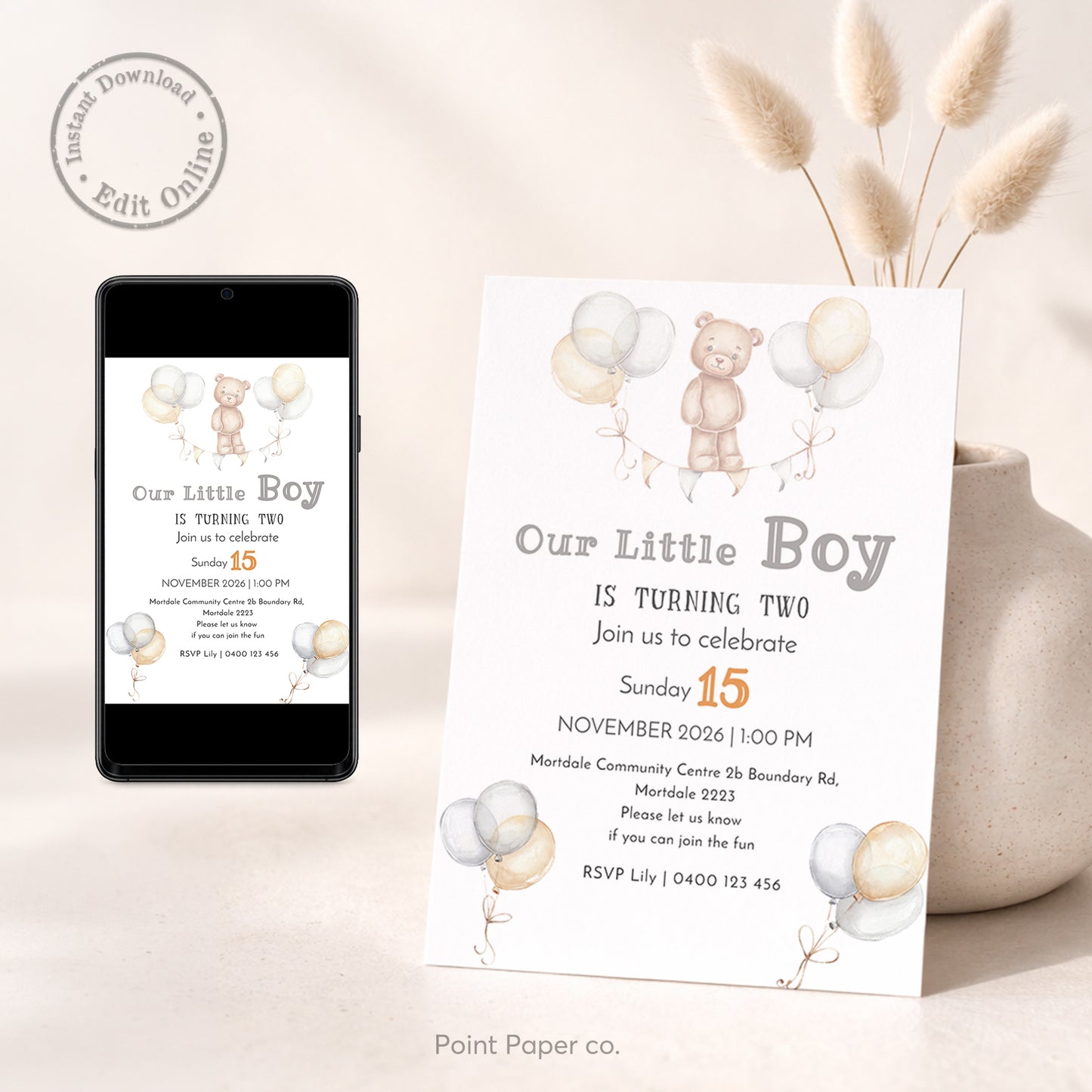Teddy Balloons Birthday Invitation | Edit Online