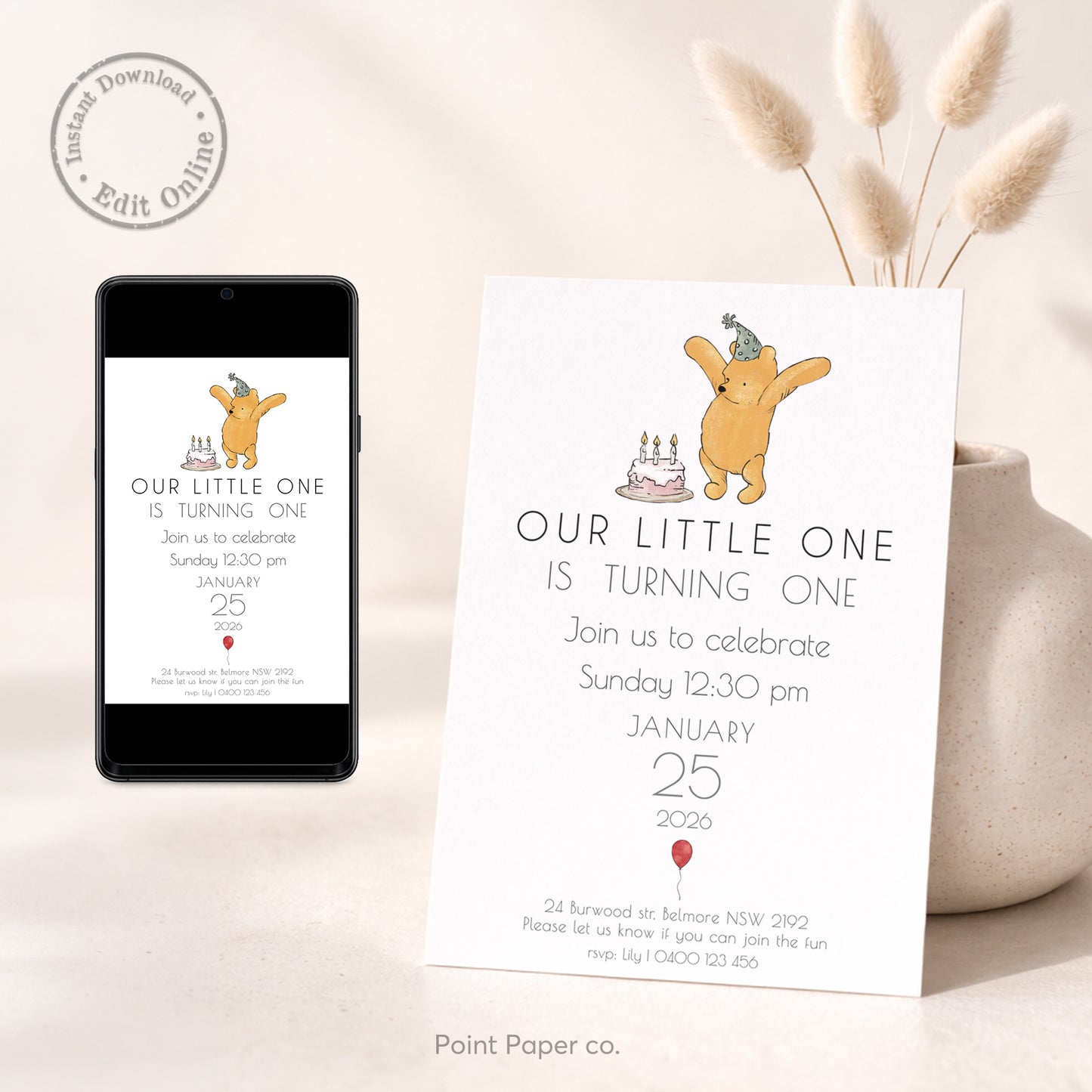 Bear First Birthday Invitation | Edit Online